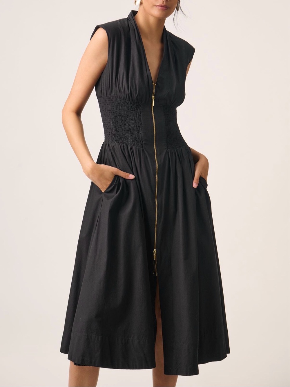 The Tommie Cap-Sleeve Smocked Front-Zip Mini Dress